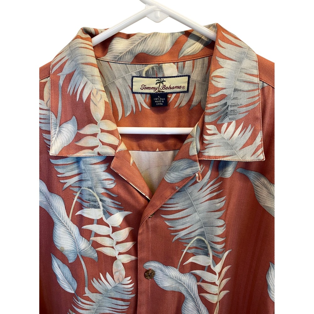 Tommy Bahama Mens Silk Camp Shirt Orange Tropical Leaf Print Short Sleeve Size L - Picture 2 of 6
